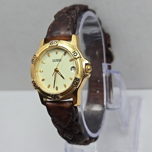 1996 Guess Watch Gold Tone Date Brown Braided Strap Vintage Style New Battery main image 6